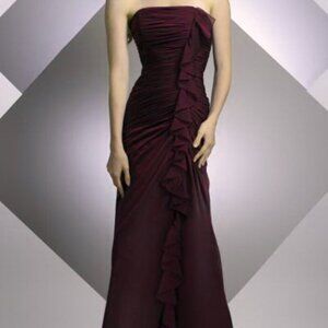 Bari Jay Aubergine Purple Shirred Ruffle Strapless Bridesmaid Dress